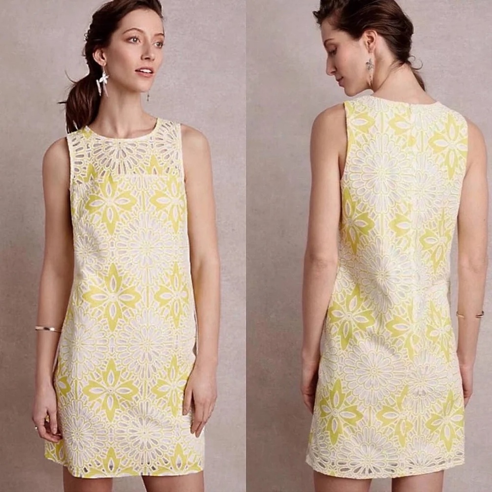 Anthropologie Weston Yellow Retro Floral Lace Sleeveless Mini Shift Dress